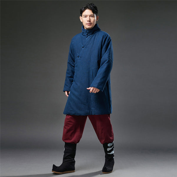 2021 Winter NEW! Men Retro Style Linen and Cotton Quilted Side Buckle Coat