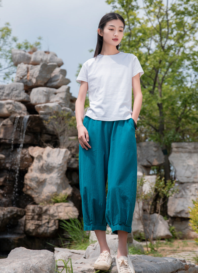 Summer NEW! Women Modern Retro Style Linen and Cotton Cropped Pants