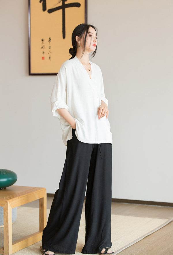 2022 Summer NEW! Women Chinese Style Linen and Cotton V-necked Loose Mid Sleeve T-Shirt