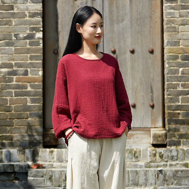 Autumn NEW! Women Simple Loose Style Linen and Cotton Pure Color Round Neck T-Shirt