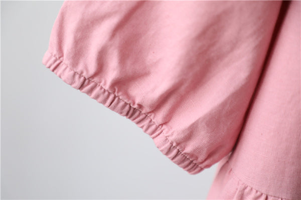 Women Loose Linen and Cotton Round Neck Middle Sleeve Dress