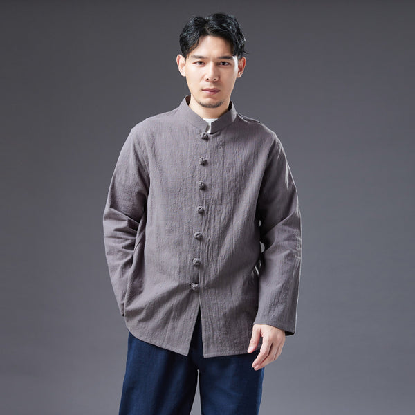 2022 Summer NEW! Men Easten Style Sand Washed Linen and Cotton Long Sleeve Middle Buckle Thin Jacket