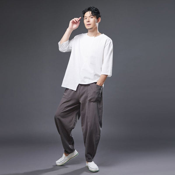 2022 Summer NEW! Men Pure Color Linen and Cotton Middle Sleeve T-Shirts