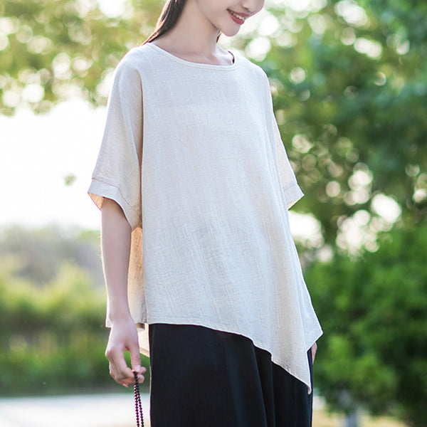 2022 Summer NEW! Women Modern Style Linen and Cotton Round Necked Mid-length Sleeves Shirt