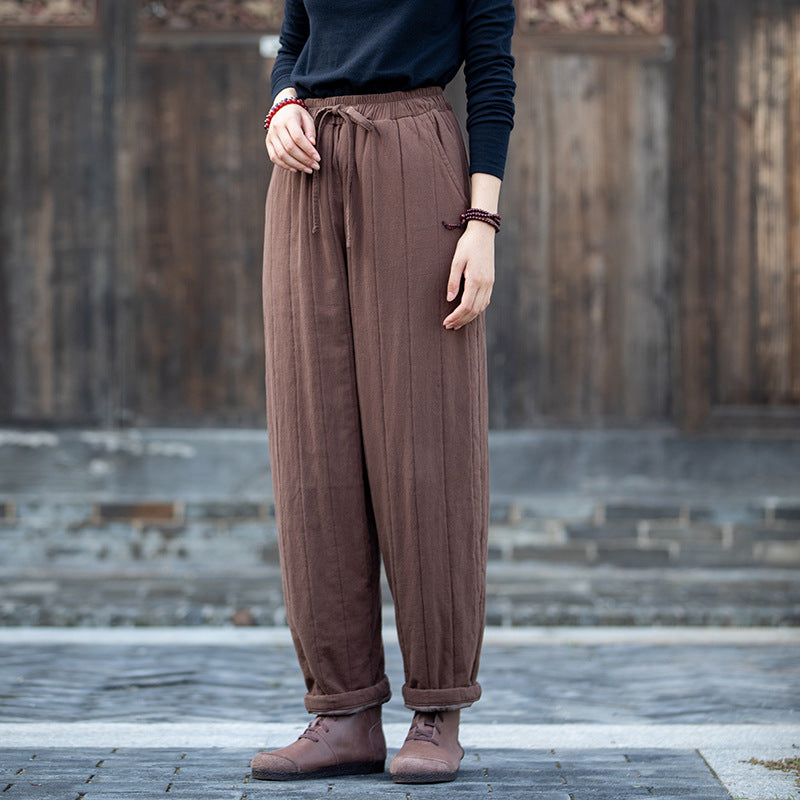 yjky@Osonian 2021 Autumn New! Women Modern Causal Style Linen and Cotton Quilted Pants Black