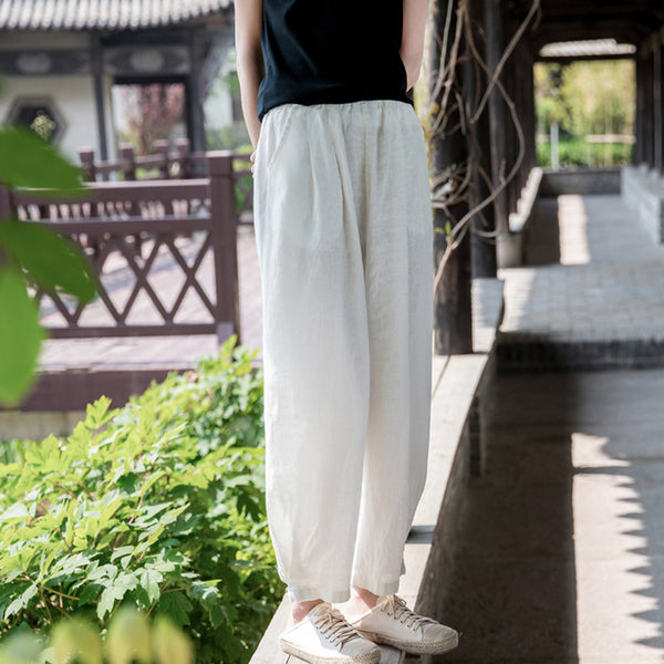 2022 Summer NEW! Women Simple Causal Lantern Style Sand Washed Linen and Cotton Cropped Pants