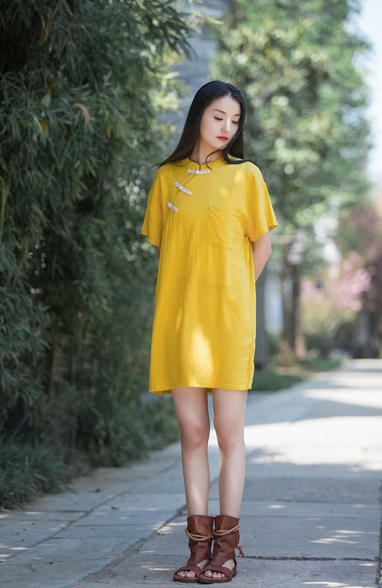 bxf Osonian Women Retro Asian Type Linen and Cotton Pure Color Tunic Short Dress Golden Yellow