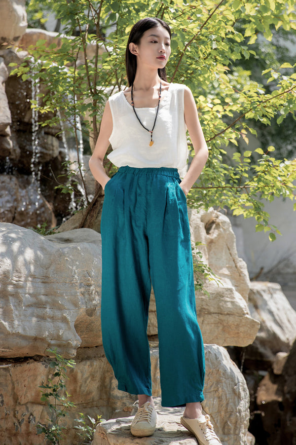 2022 Summer NEW! Women Simple Causal Lantern Style Sand Washed Linen and Cotton Cropped Pants