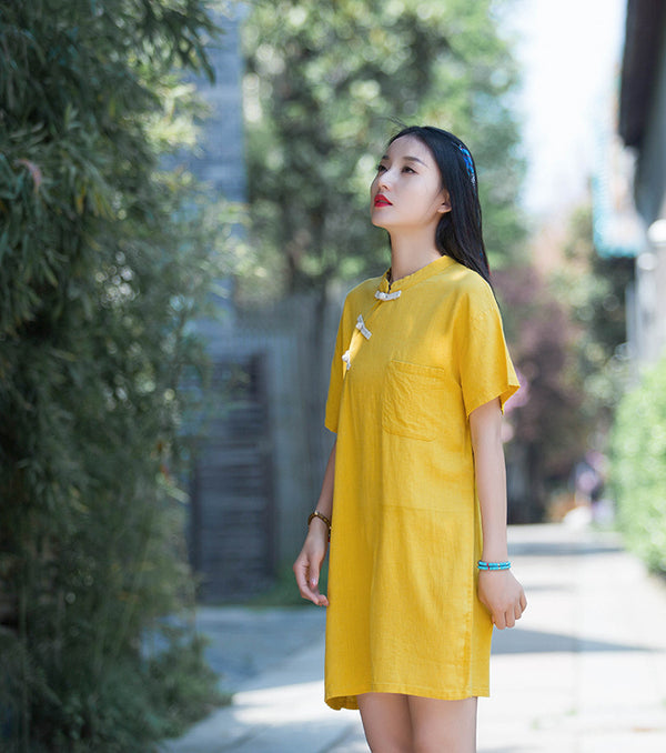 Women Retro Asian Type Linen and Cotton Pure Color Tunic Short Dress