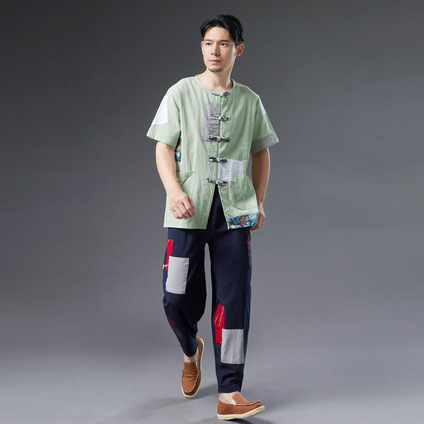 Men Casual Retro Style Patchwork Linen and Cotton Loose Drawstring Pants