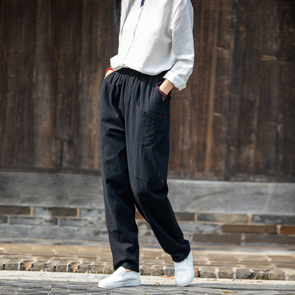 2021 Autumn NEW! Women Modern Causal Style Special Front Pocket Linen and Cotton Pants