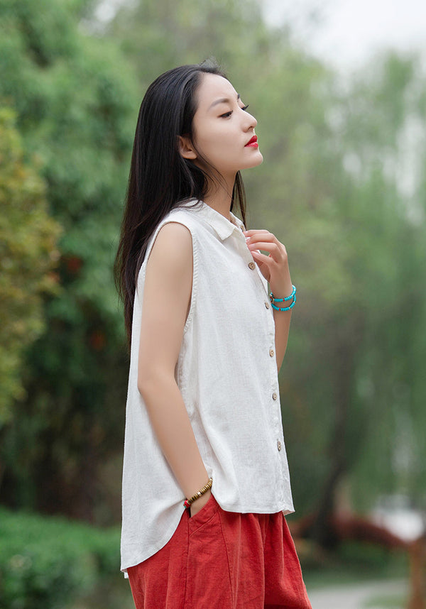 Women Sand-Washed Linen and Cotton Long Sleeveless Shirt