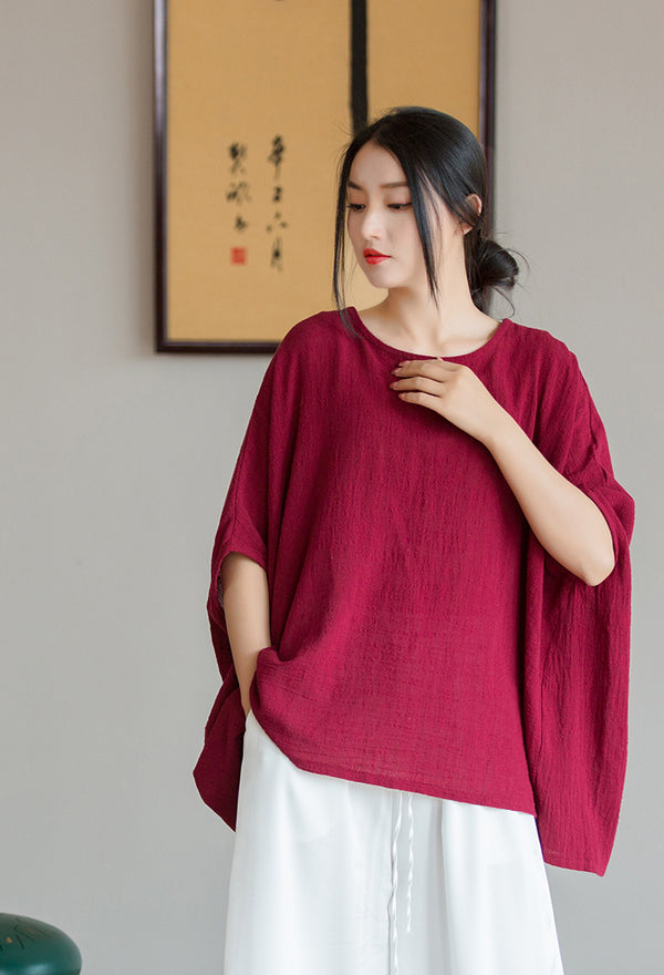 2022 Summer NEW! Women Chinese Style Linen and Cotton Rounded necked Loose Mid Sleeve T-Shirt