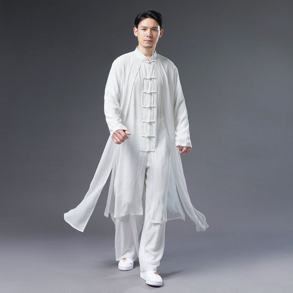 Men Classic Asian Style Linen Long Sleeve Round Collar Pure Color Cheongsam