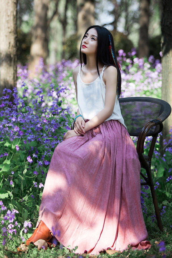 Women Simple Linen and Cotton Loose Accordion Skirt