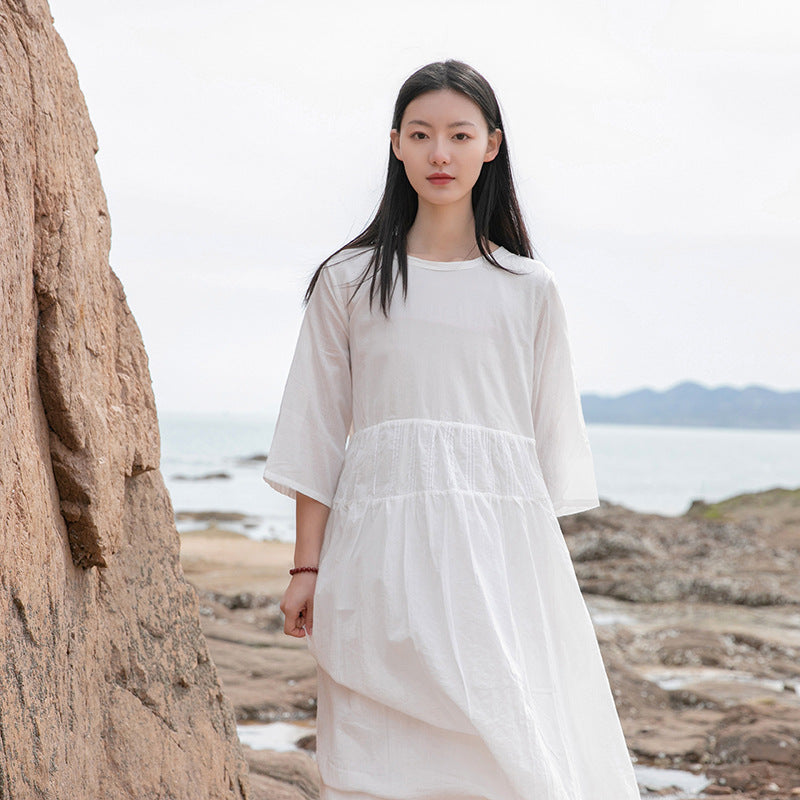 Women Simple Loose Comfortable Linen and Cotton Slip Dress White Women Simple Loose Comfortable Linen and Cotton Slip Dress White