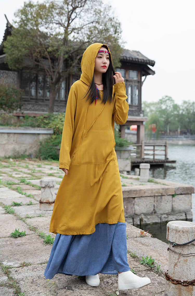 Women Assassin Style Linen and Cotton Long Sleeves Thin Tunic Dress Yellow