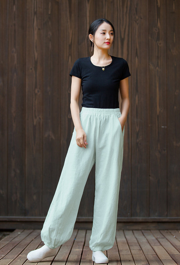 2022 Summer NEW! Women Sporty Style Lantern Leisure Sand Washed Linen and Cotton Pants