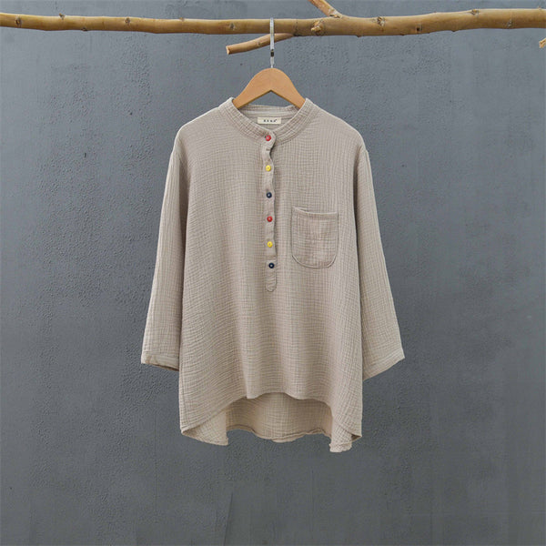 2021 Autumn NEW! Women Simple Light Style Linen and Cotton Pure Color Top Buckle Wrinkled Blouse Shirt