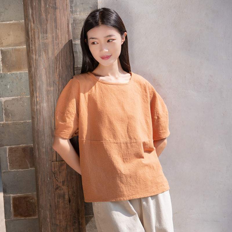 Summer NEW! Women Causal Style Linen and Cotton Round Necked Short Sleeves Shirt