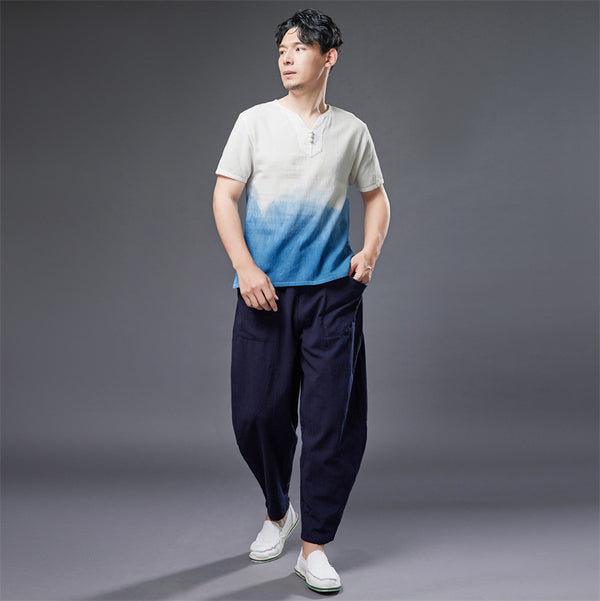 2022 Summer NEW! Men Natural Dyed Linen and Cotton Short Sleeve T-Shirts