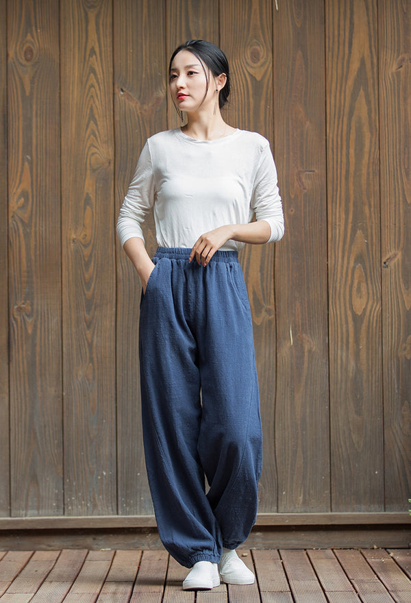 2022 Summer NEW! Women Sporty Style Lantern Leisure Sand Washed Linen and Cotton Pants