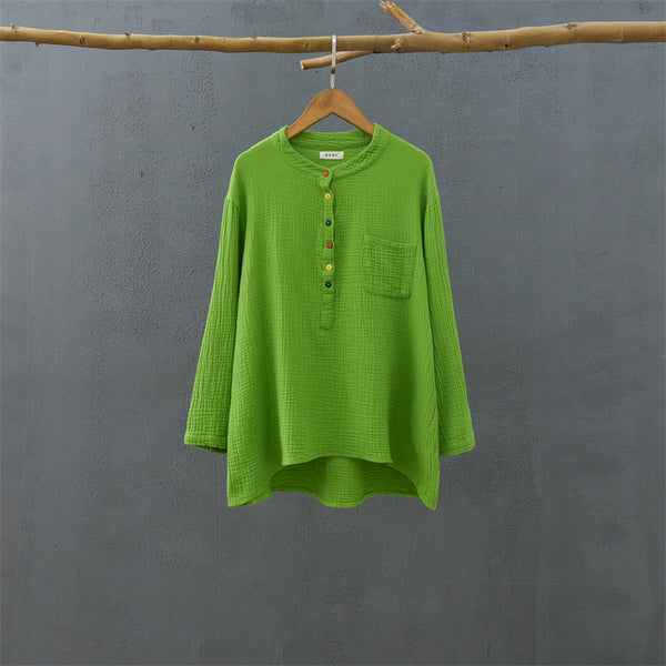 2021 Autumn NEW! Women Simple Light Style Linen and Cotton Pure Color Top Buckle Wrinkled Blouse Shirt