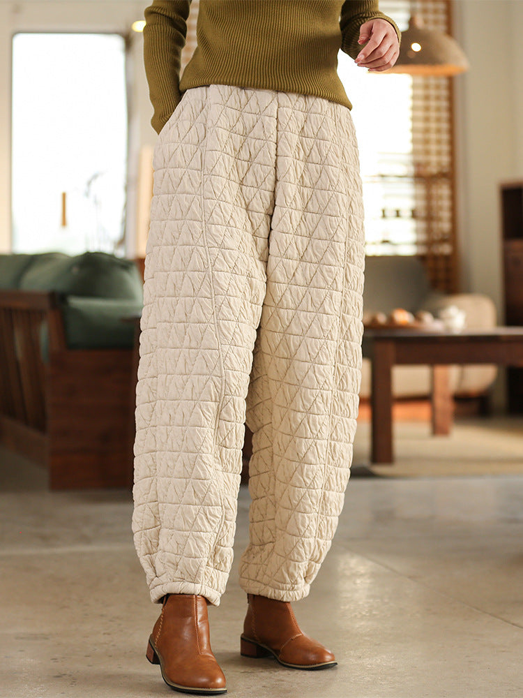 Winter NEW! Women Linen and Cotton Hidden Grid Style Lantern Cropped Pants