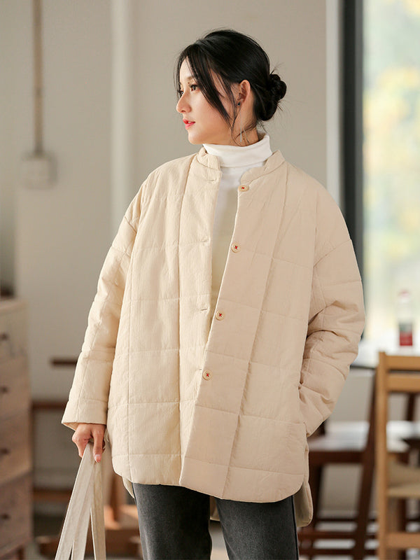 2021 Winter NEW! Women Round Collar Modern Grid Quilted Long-sleeved Thin Coat