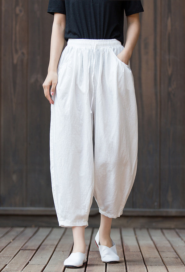 2022 Summer NEW! Women Modern Style Sand Washed Linen and Cotton Lantern Cropped Pants