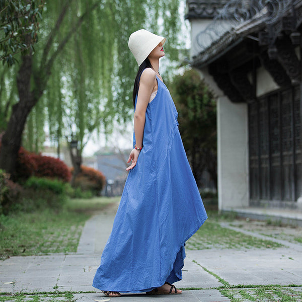 Women Loose Linen and Cotton Pure Color Layered Slip Dress