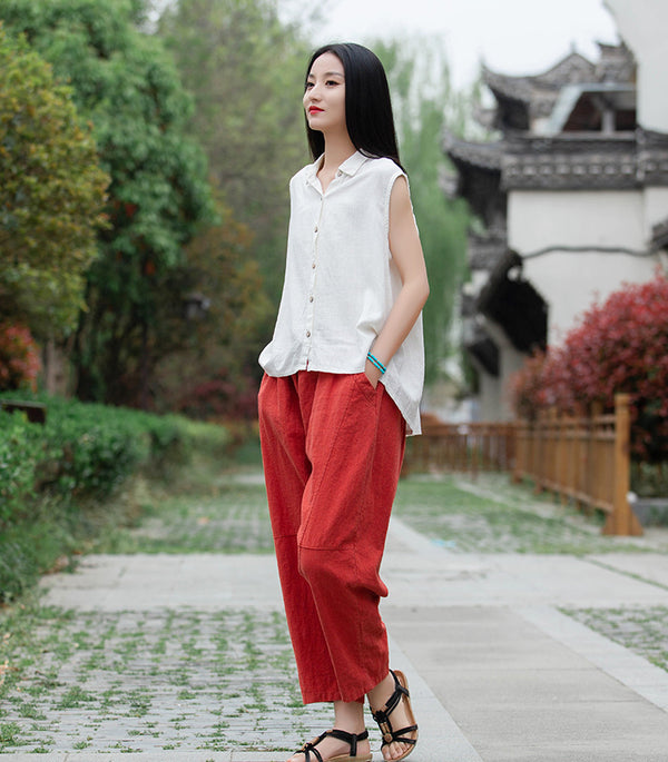 Women Sand-Washed Linen and Cotton Long Sleeveless Shirt