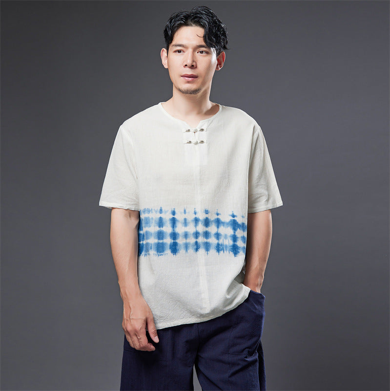 Summer NEW! Men Natural Dyed Linen and Cotton Round Necked Short Sleeve T-Shirts