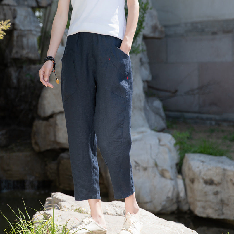 Summer NEW! Women Retro Style Sand Washed Linen and Cotton Font Pocket Pegged Pants