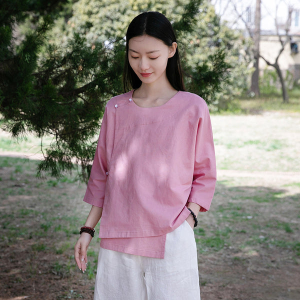 Women Modern Style Linen and Cotton Middle Sleeves Chinese Blouse