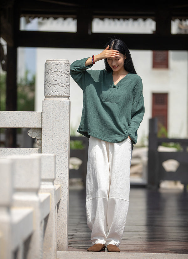 2021 Autumn NEW! Women Asian Style Linen and Cotton Long Sleeves V-necked Chinese Blouse