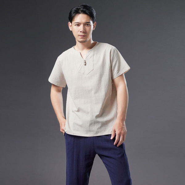 Men Causal Style V Neck Buckle Linen and Cotton Short Sleeve Tops