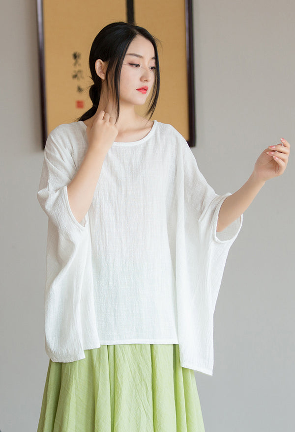 2022 Summer NEW! Women Chinese Style Linen and Cotton Rounded necked Loose Mid Sleeve T-Shirt