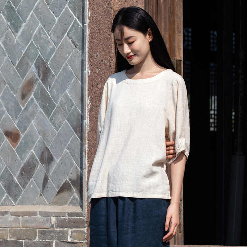 Summer NEW! Women Simple Style Wrinkled Linen and Cotton Middle Sleeves Shirt