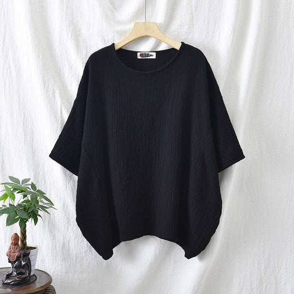 Women Round Necked Linen and Cotton Loose Middle Sleeves Wrinkled T-Shirt