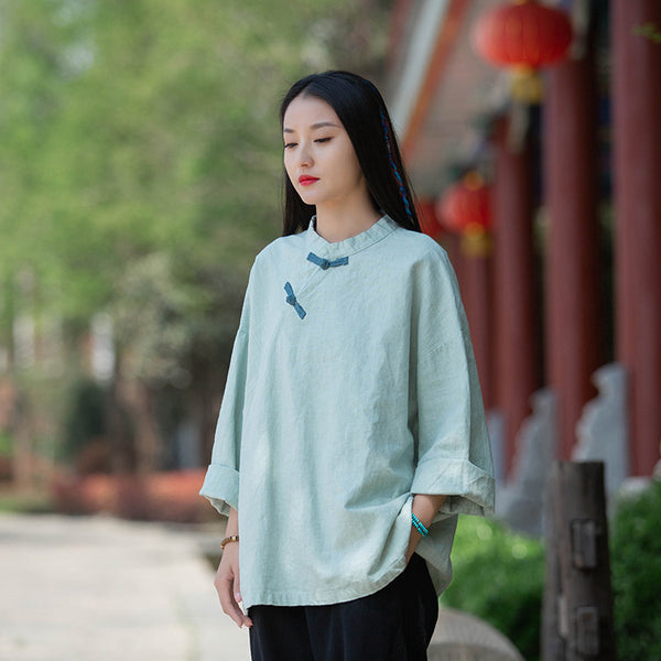 Women Sand-Washed Round Collar Zen Style Linen and Cotton Long Sleeves Side Cardigan Shirt