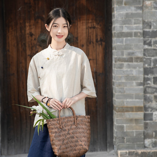 2022 Summer NEW! Women Chinese Ethnic Style Linen and Cotton Mid-length Sleeves Shirt