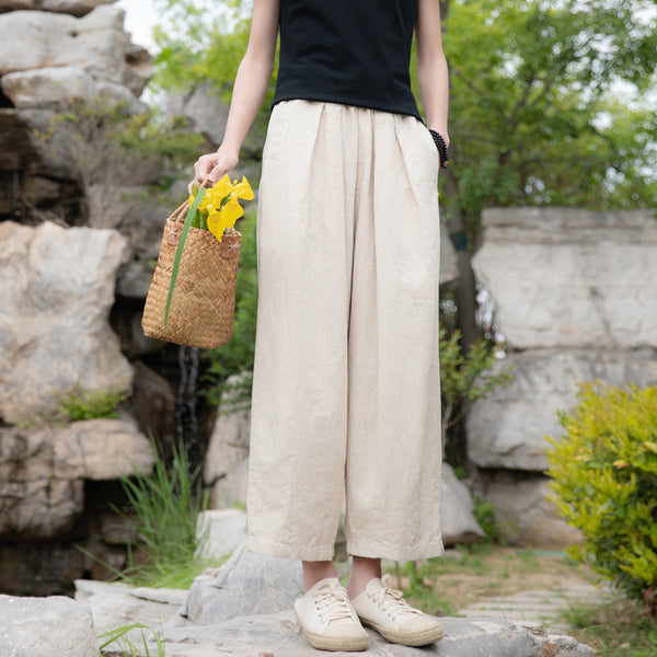 2022 Summer NEW! Women Retro Style Sand Washed Linen and Cotton Wide Leg Pants