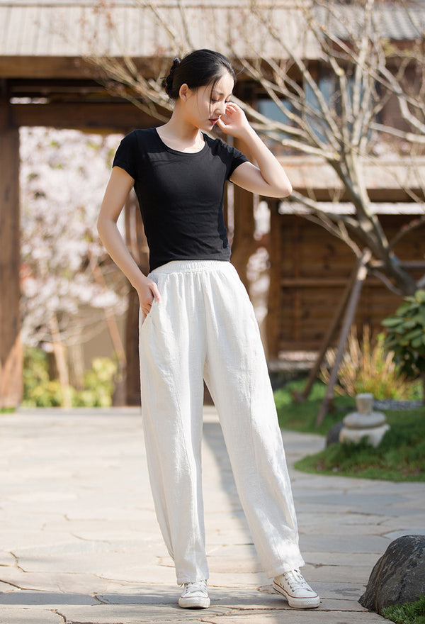 2022 Summer NEW! Women Causal Style Lantern Leisure Sand Washed Linen and Cotton Patchwork Pants