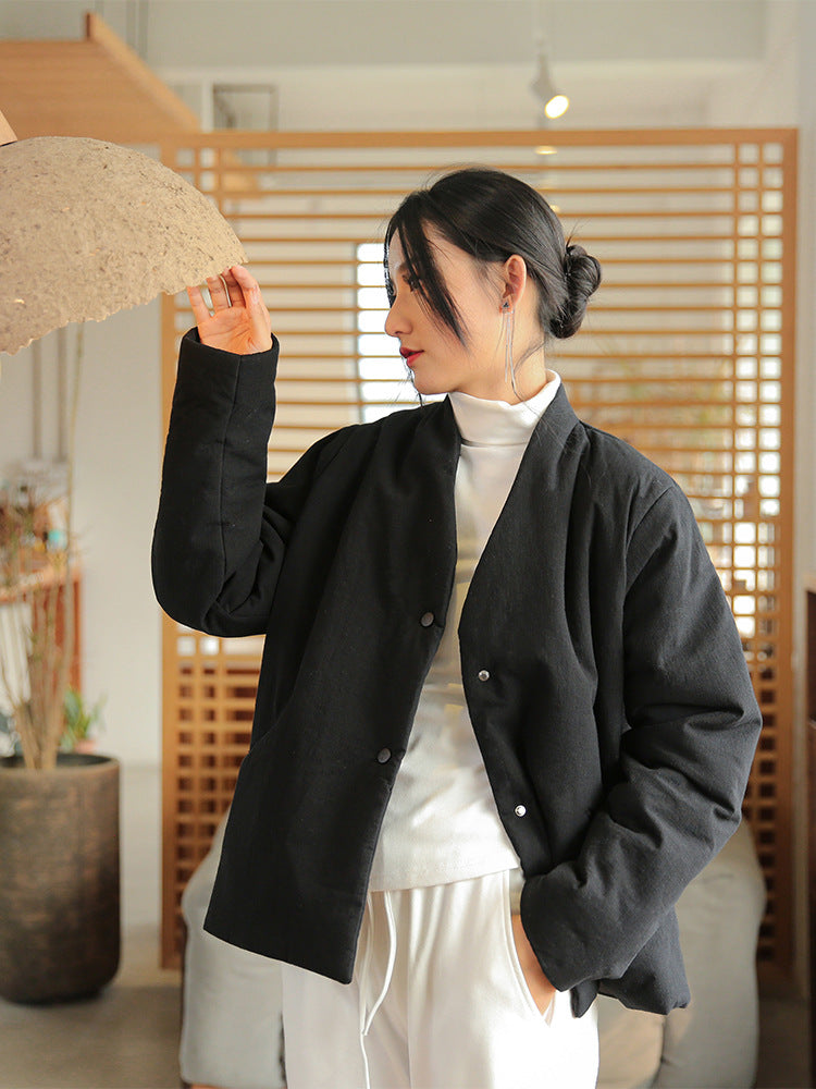Winter NEW! Women Linen and Cotton Loose Style Quilted Long-sleeved Jacket