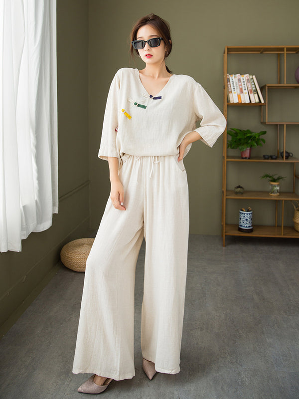 2021 Autumn NEW! Women Round Collar Zen Style Linen and Cotton Long Sleeves Side Cardigan Jacket and Pants