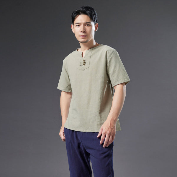 Men Causal Round Neck Style Linen and Cotton Short Sleeve Tops