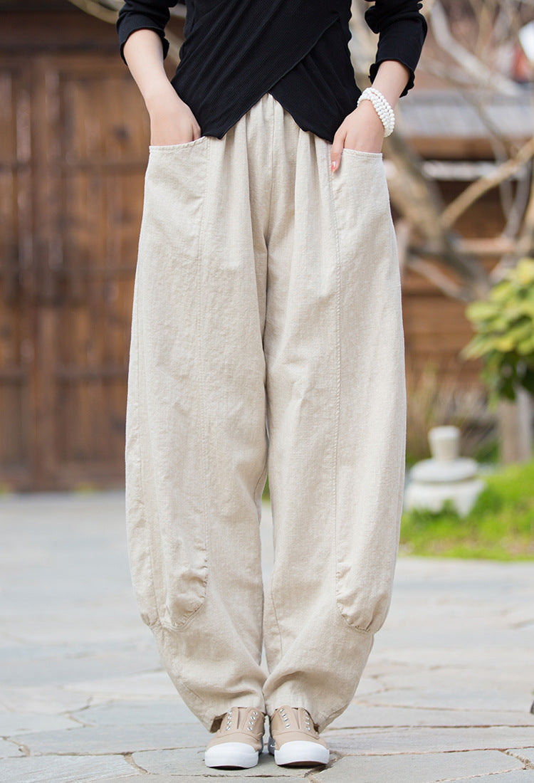 Summer NEW! Women Lantern Style Leisure Sand Washed Linen and cotton Pants