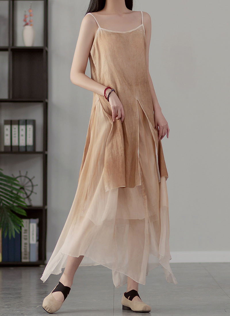 2022 Summer NEW! Women Extra Loose Comfortable Linen and Cotton Dyed Color Slip Dress Light Brown Dyed 2022 Summer NEW! Women Extra Loose Comfortable Linen and Cotton Dyed Color Slip Dress Light Brown Dyed