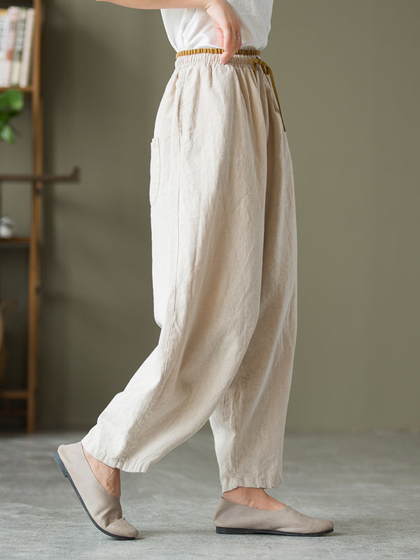 2021 Autumn NEW! Women Lantern Style Linen and Cotton Causal Loose with Waist Belt Cropped Pants